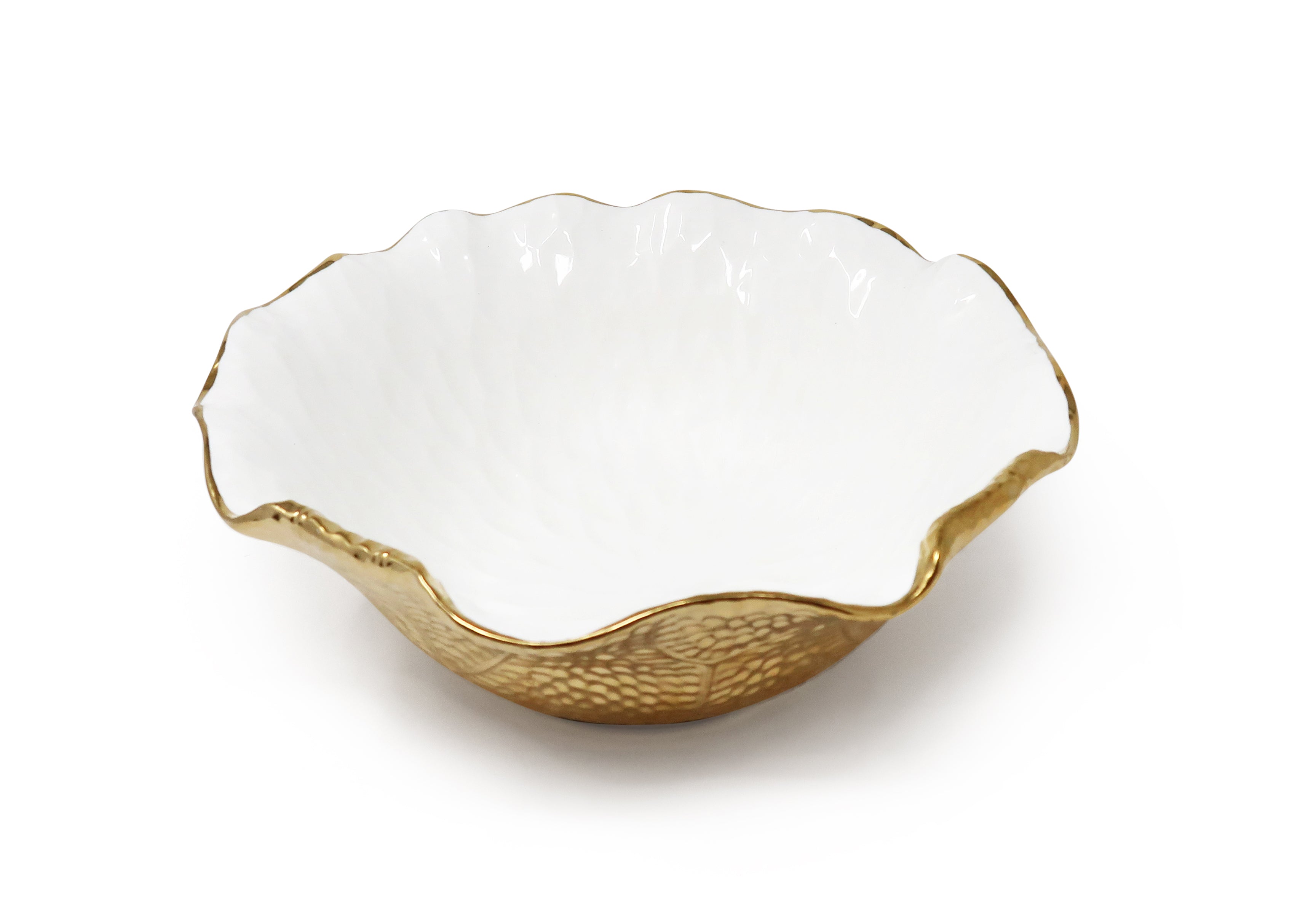White/Gold Salad Bowl New Bone China Scalloped Edge Vivience