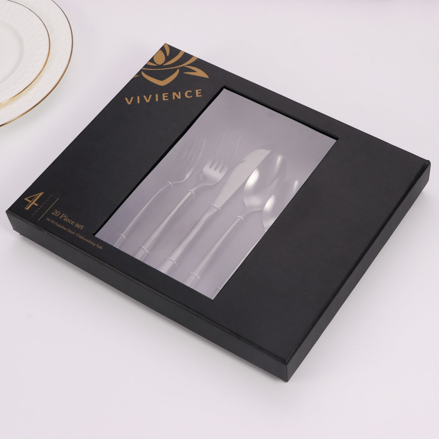 20 Pc Flatware Set Silver with White/Black  Colorblock Handles