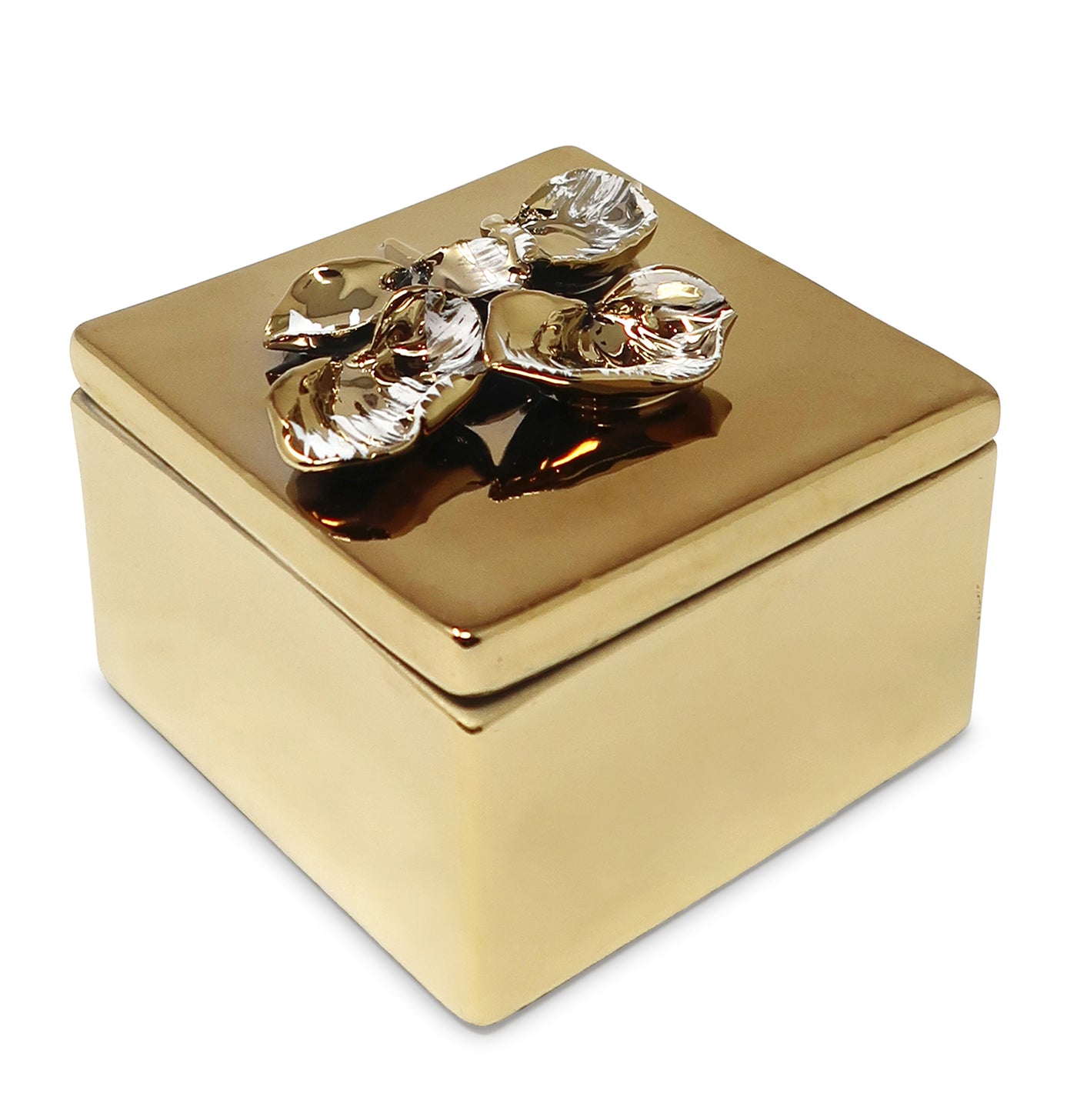 Square Gold Decorative Box With Flower Design on the Lid