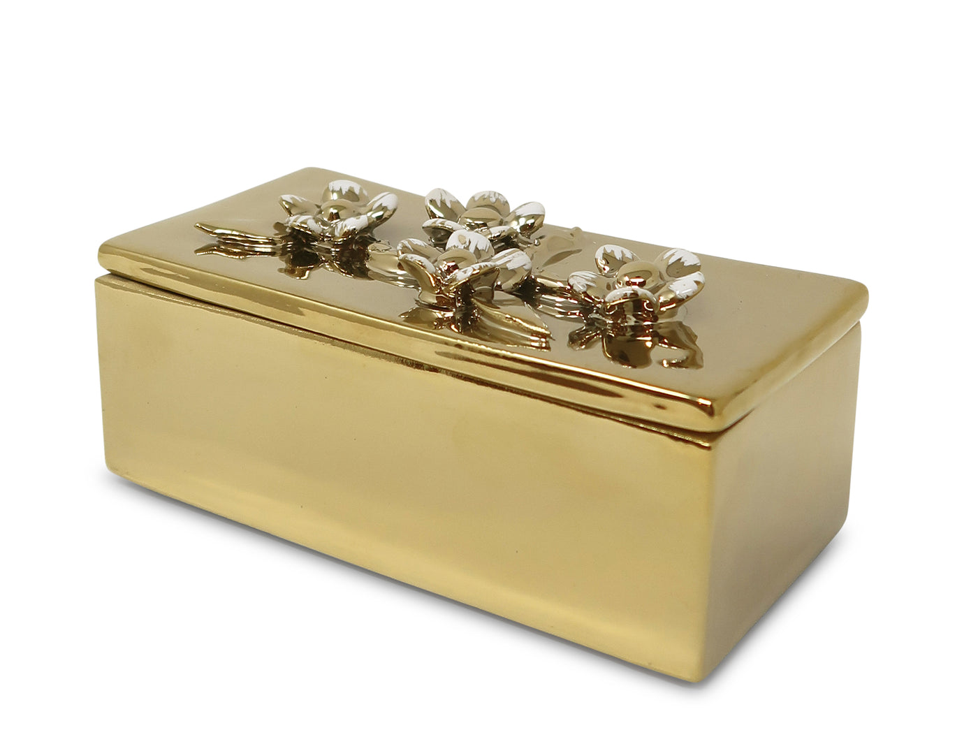 Oblong Gold Decorative Box With Flower Design Lid