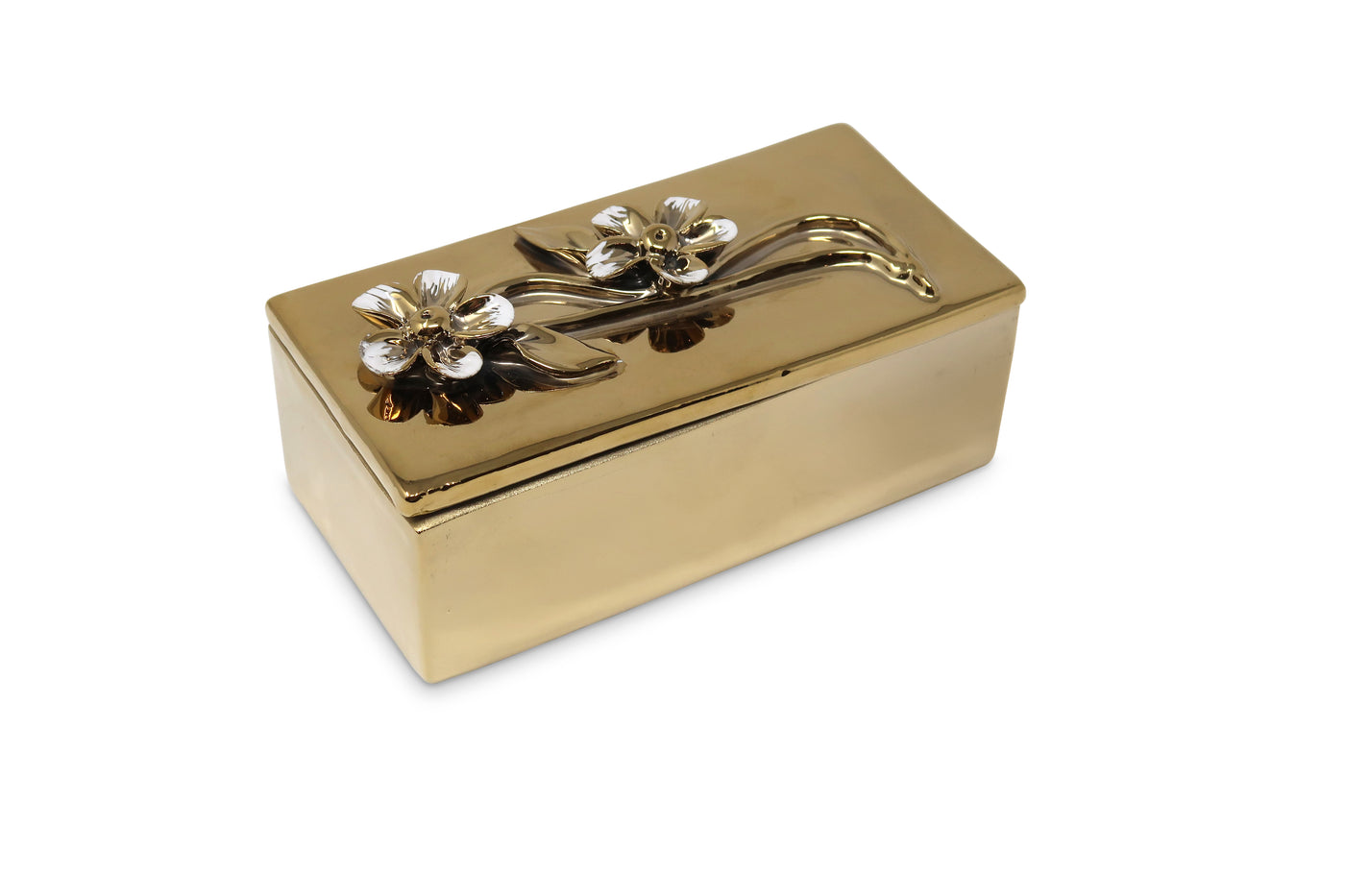 Oblong Gold Decorative Box With Flower Design Lid