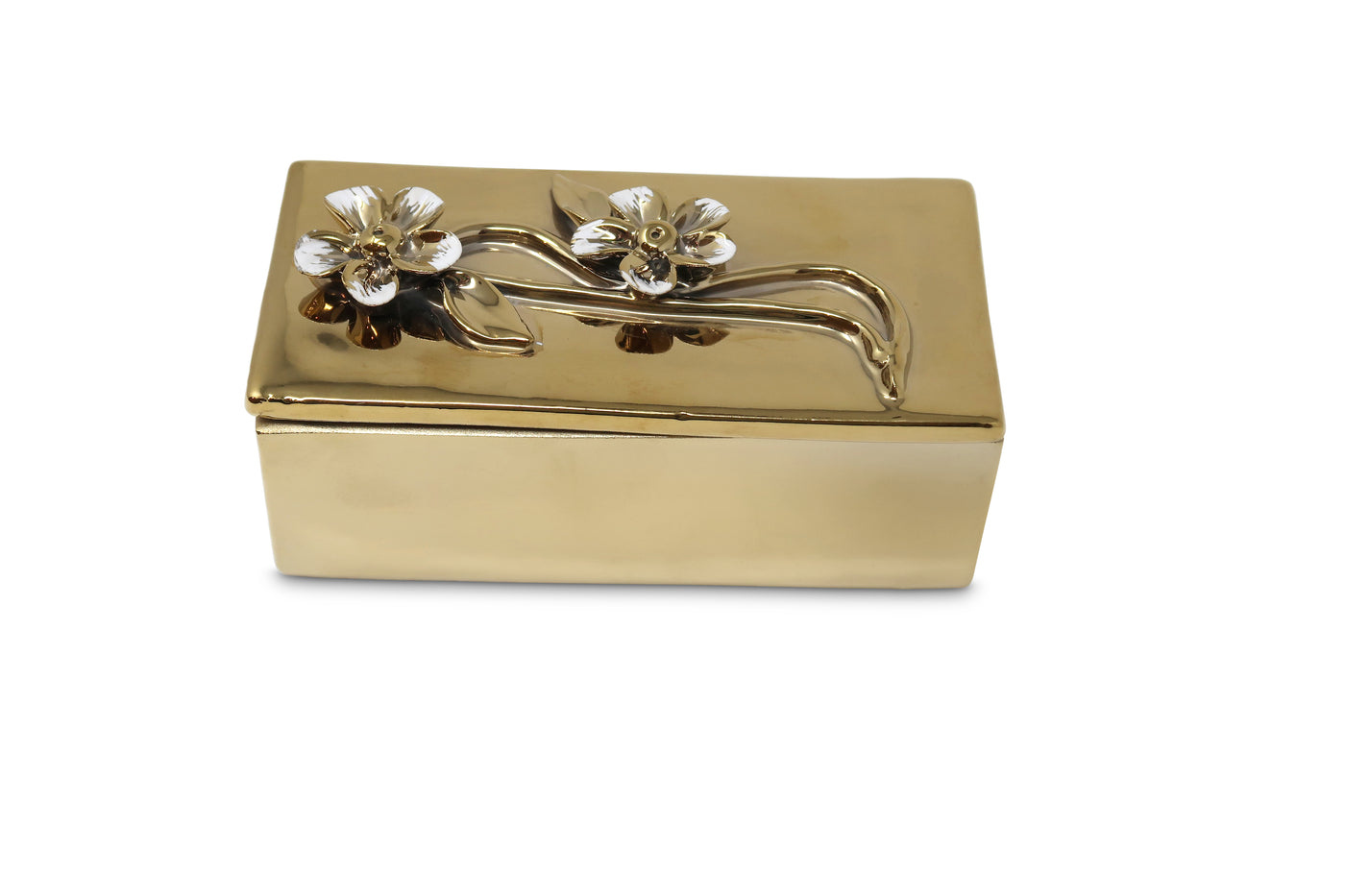 Oblong Gold Decorative Box With Flower Design Lid