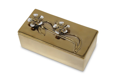 Oblong Gold Decorative Box With Flower Design Lid