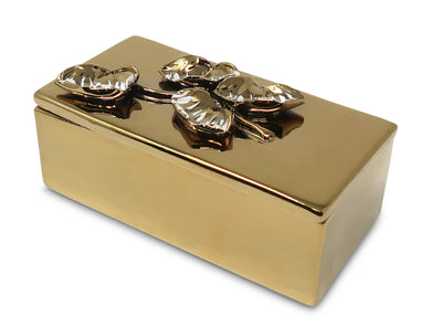 Oblong Gold Decorative Box With Flower Design Lid