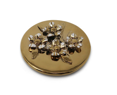 Round Gold Decorative Box With Flower Design Lid
