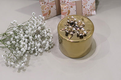 Round Gold Decorative Box With Flower Design Lid