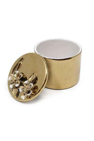 Round Gold Decorative Box With Flower Design Lid