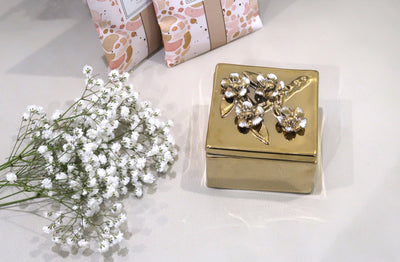 Square Gold Decorative Box With Flower Design on the Lid