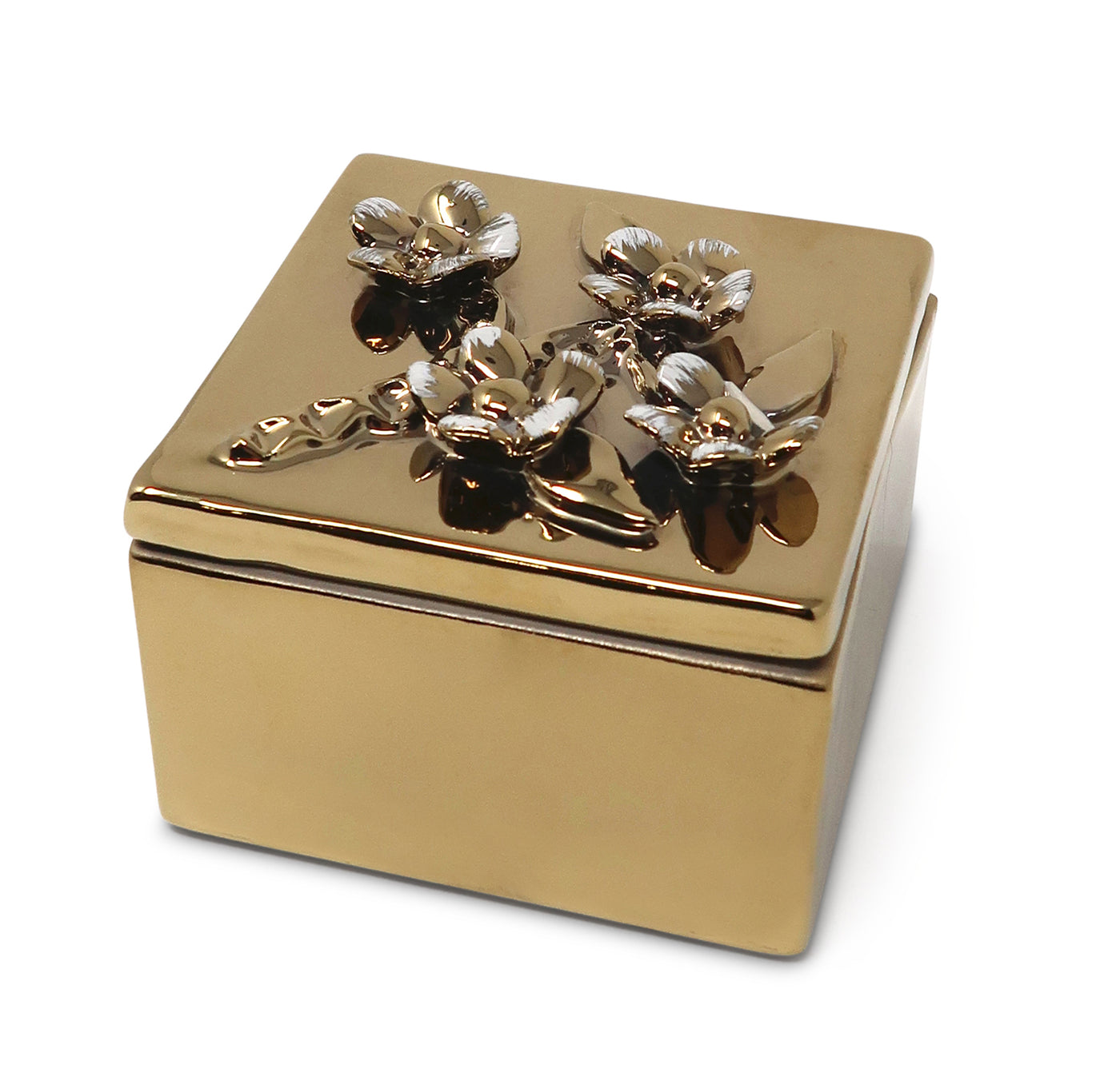 Square Gold Decorative Box With Flower Design on the Lid