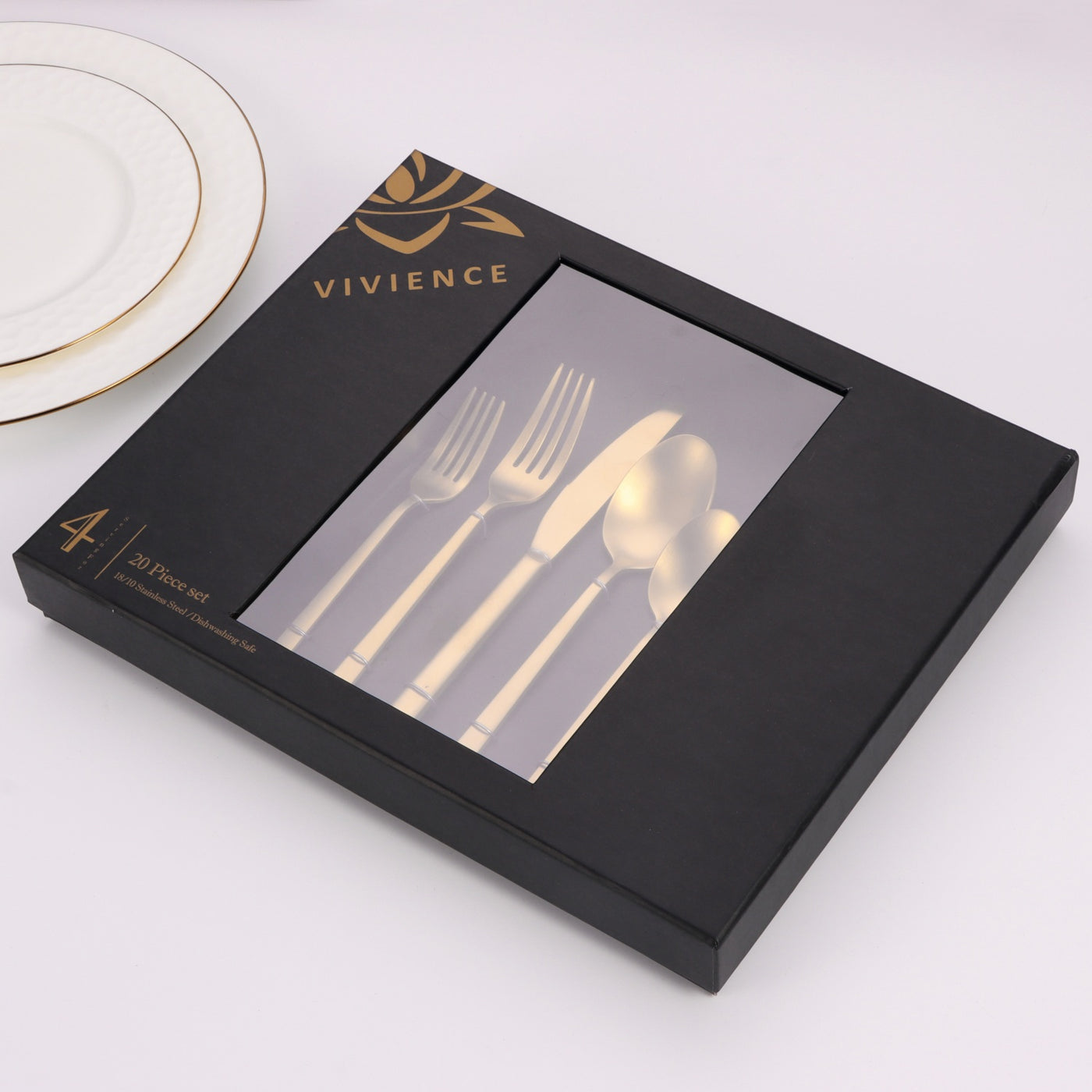 20 Pc Flatware Set Matte Gold/Black with Square Handles