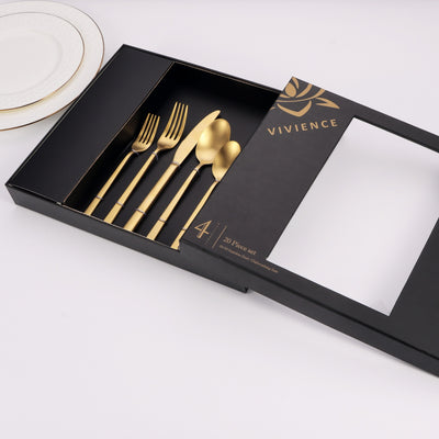 20 Pc Flatware Set Matte Gold/Black with Square Handles