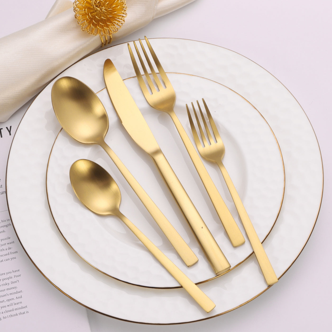 20 Pc Flatware Set Matte Gold/Black with Square Handles