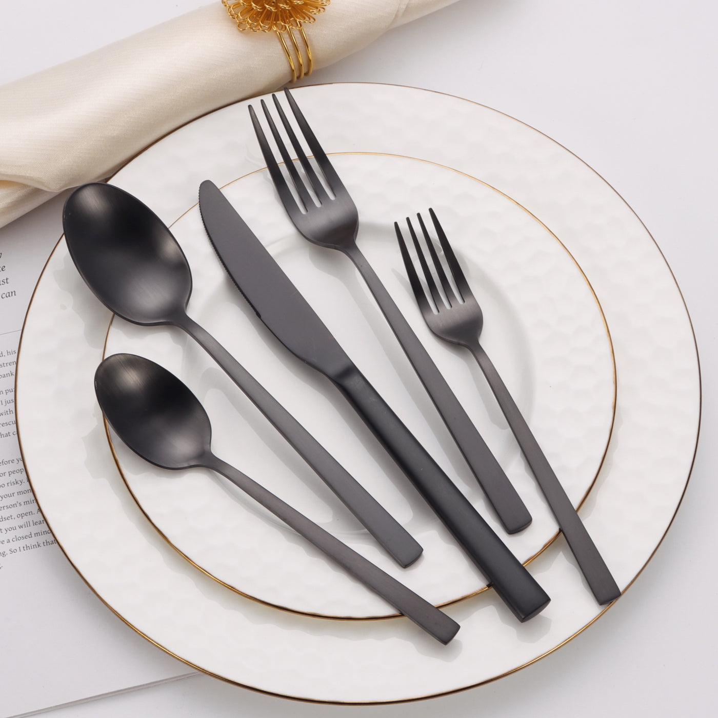 20 Pc Flatware Set Matte Gold/Black with Square Handles