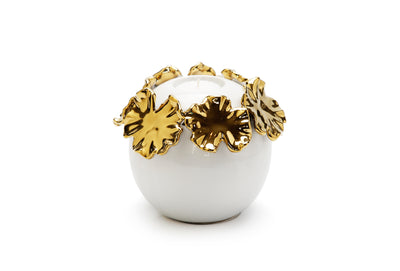 White Ceramic Candle Holder Gold Flower Design