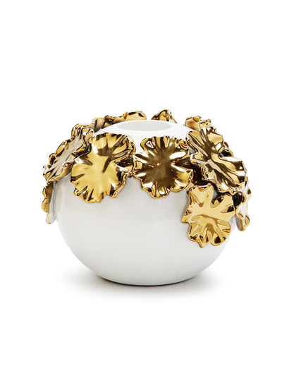 White Ceramic Candle Holder Gold Flower Design