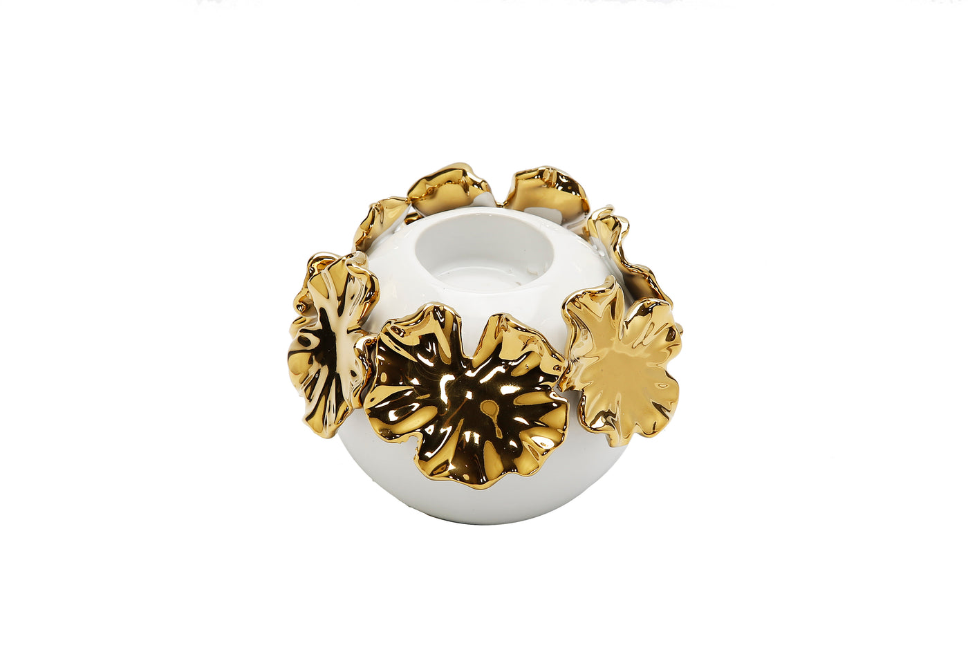 White Ceramic Candle Holder Gold Flower Design