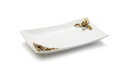 Porcelain Tray with Gold and White Flower on Handles