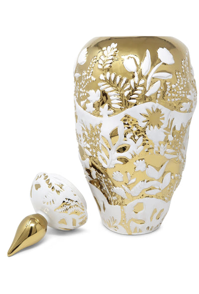 Ornate White and Gold Ginger Jar