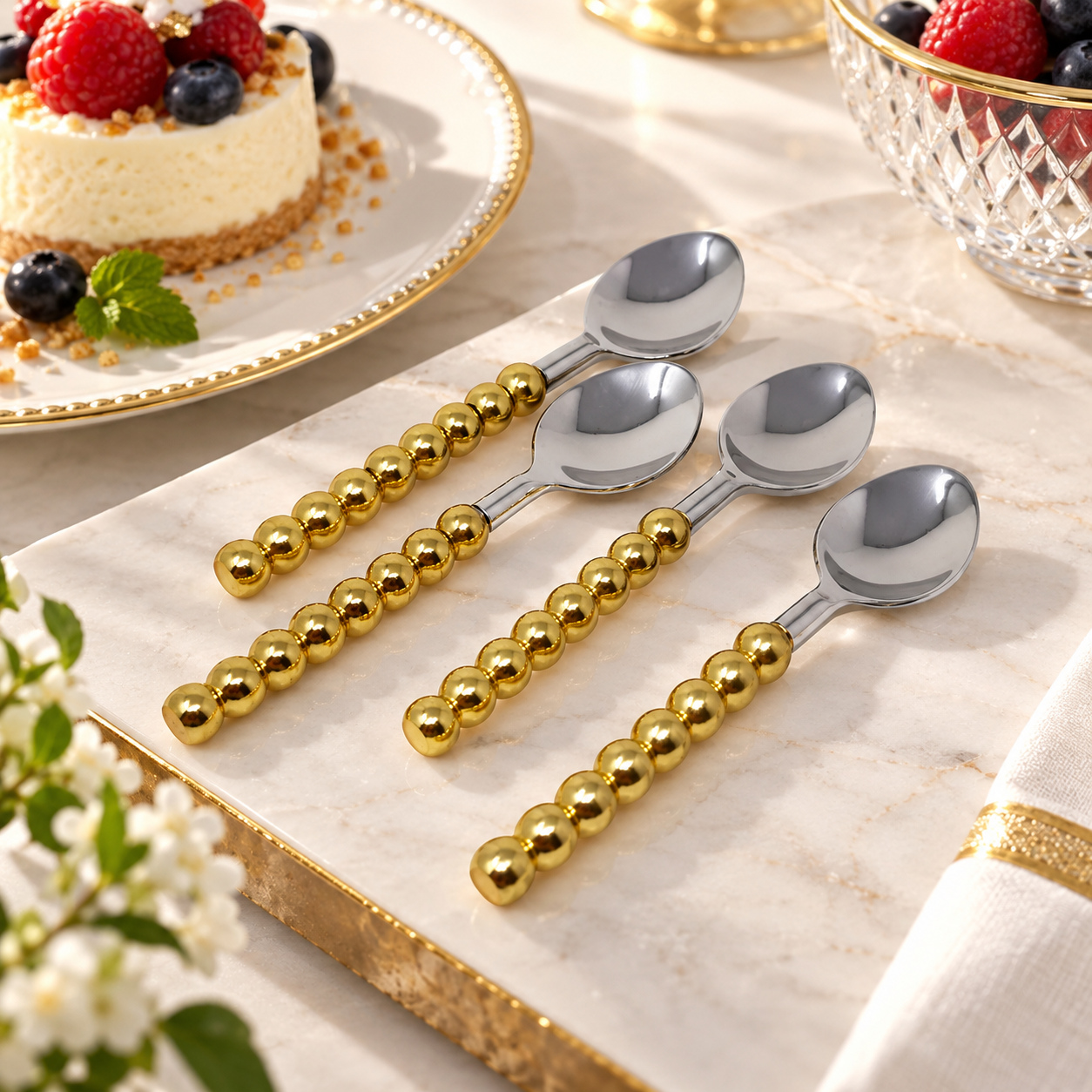 Set of 4 Gold Beaded Handles Dessert Spoons/Forks – Vivience