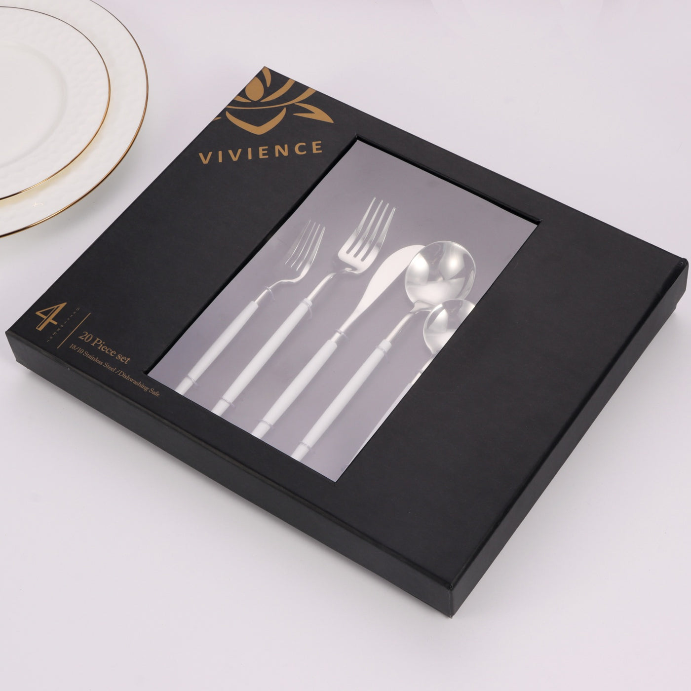 20 Pc Flatware Set Silver with White Morne Handles