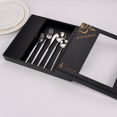 20 Pc Flatware Set Silver with White Morne Handles