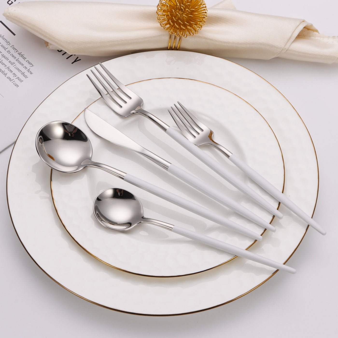 20 Pc Flatware Set Silver with White Morne Handles