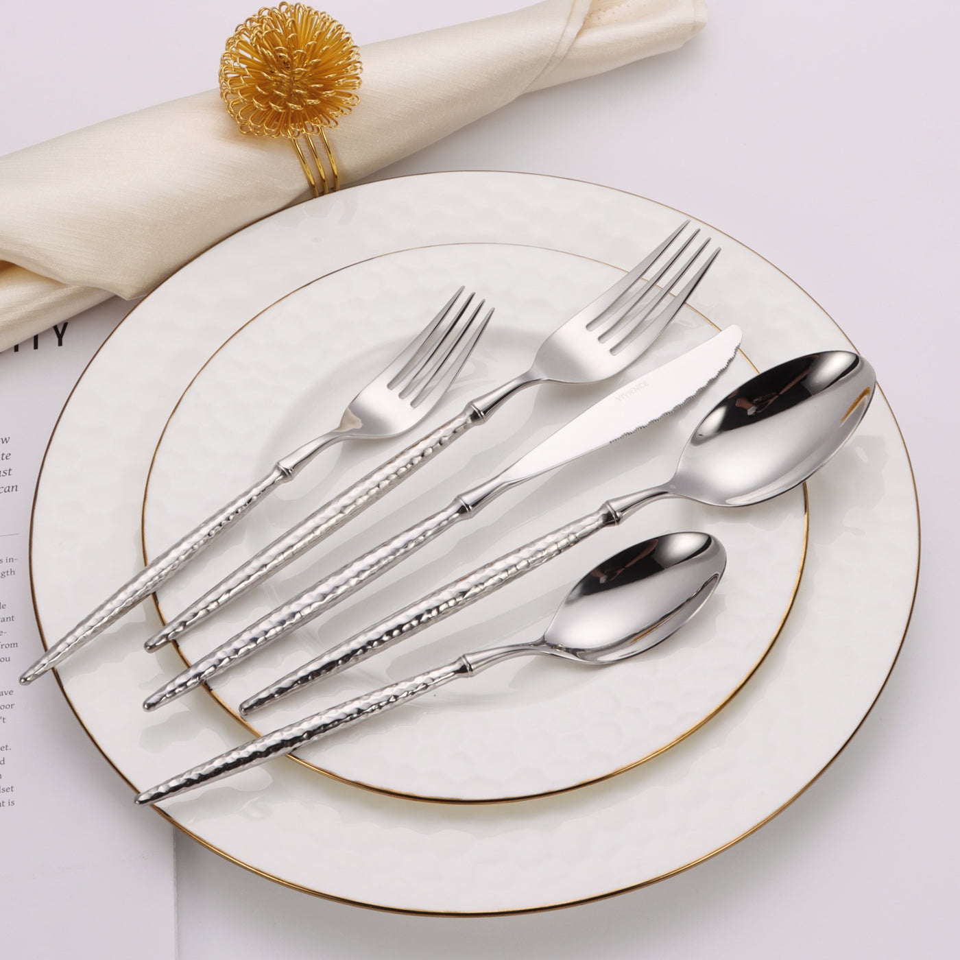 20 Pc Flatware Set Silver/Gold with Hammered Handles