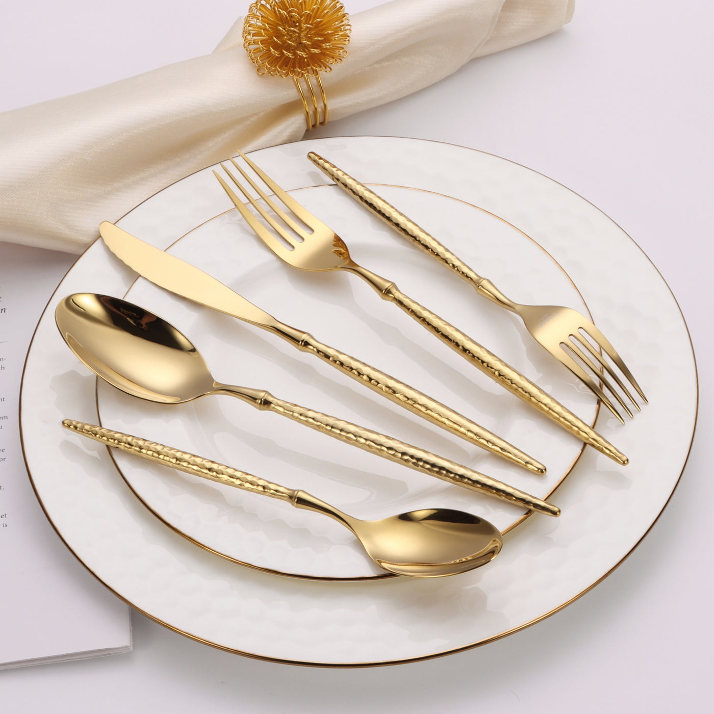 20 Pc Flatware Set Silver/Gold with Hammered Handles