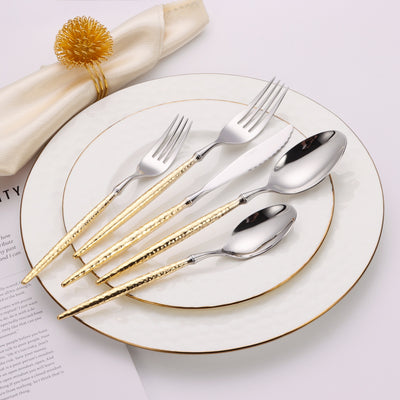 20 Pc Flatware Set Silver/Gold with Hammered Handles