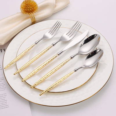 20 Pc Flatware Set Silver/Gold with Hammered Handles