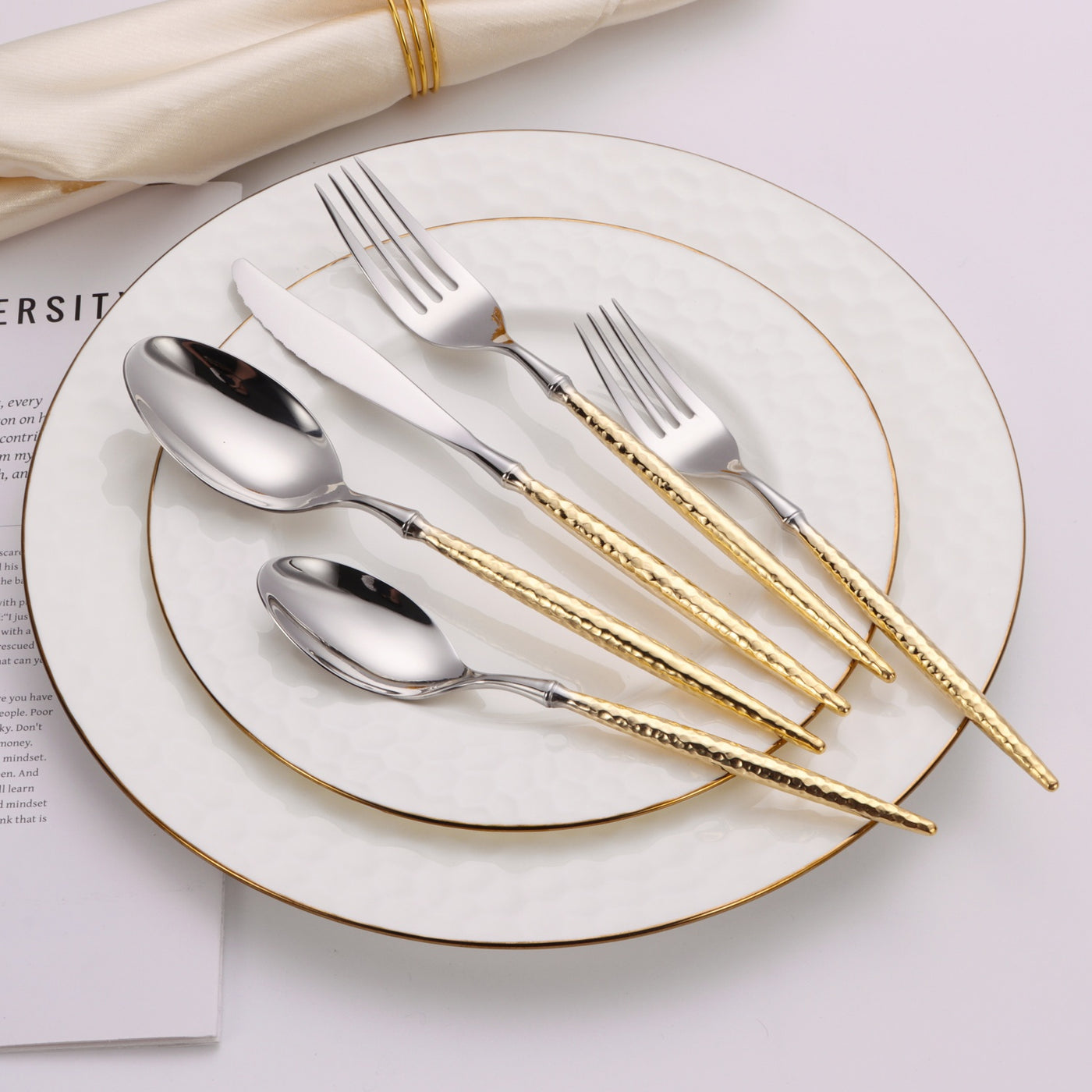 20 Pc Flatware Set Silver/Gold with Hammered Handles