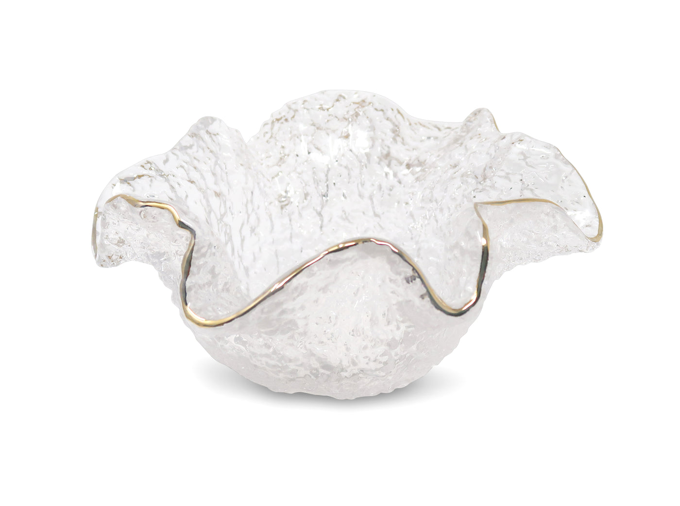 Hammered Glass Ruffled Bowl with Gold Trim (3 sizes)