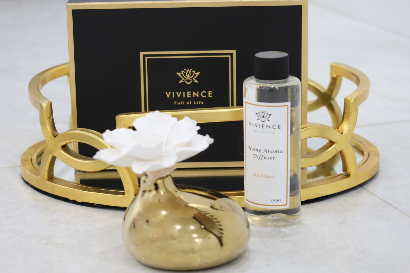 Gold Diffuser  with Dimensional White Flower, “Iris and Rose” aroma