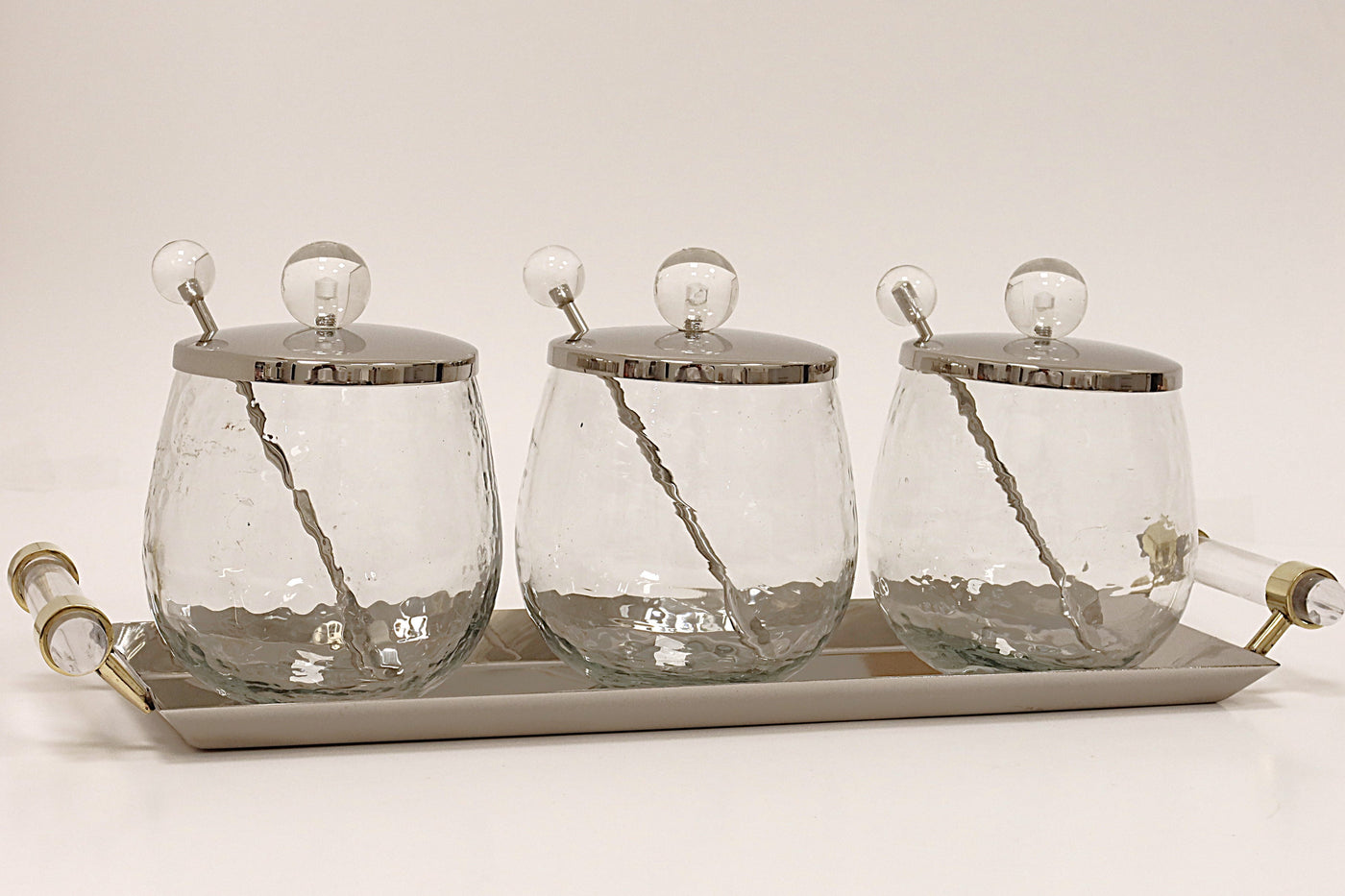 3 Canisters on Rectangle Tray with with Clear Ball Knobs