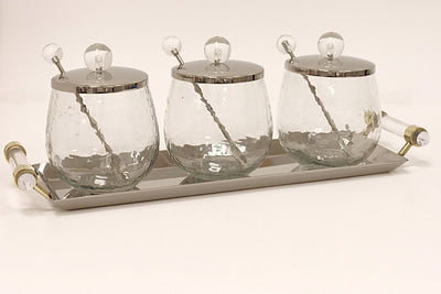 3 Canisters on Rectangle Tray with with Clear Ball Knobs