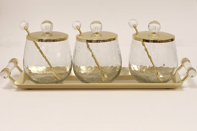 3 Canisters on Rectangle Tray with with Clear Ball Knobs