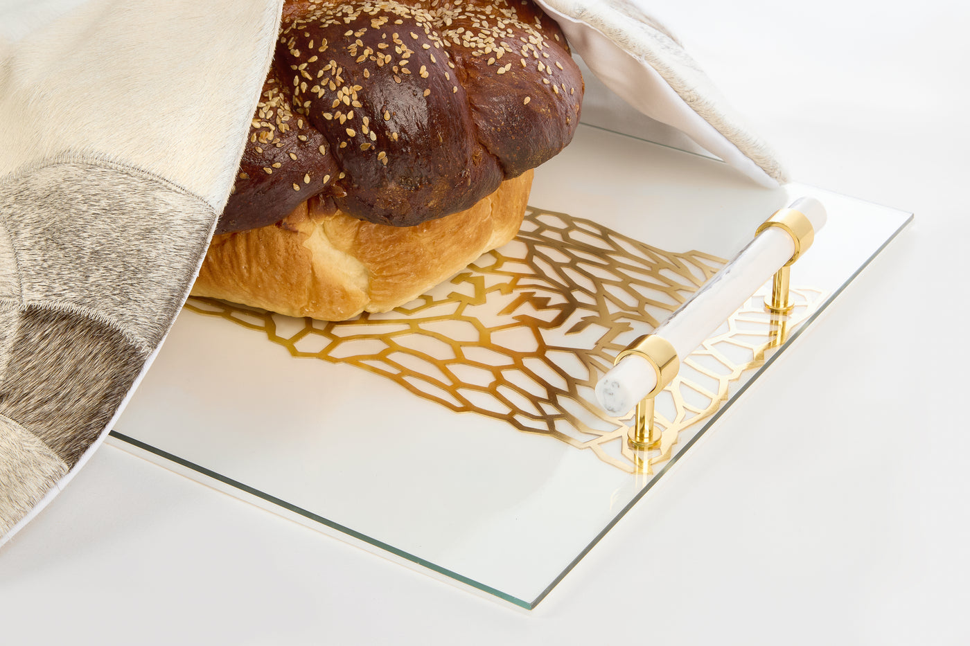 Acrylic Challah Tray Gold with Cylinder Handles