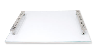 Glass Challah Board - White Leather with Imprinted Handles