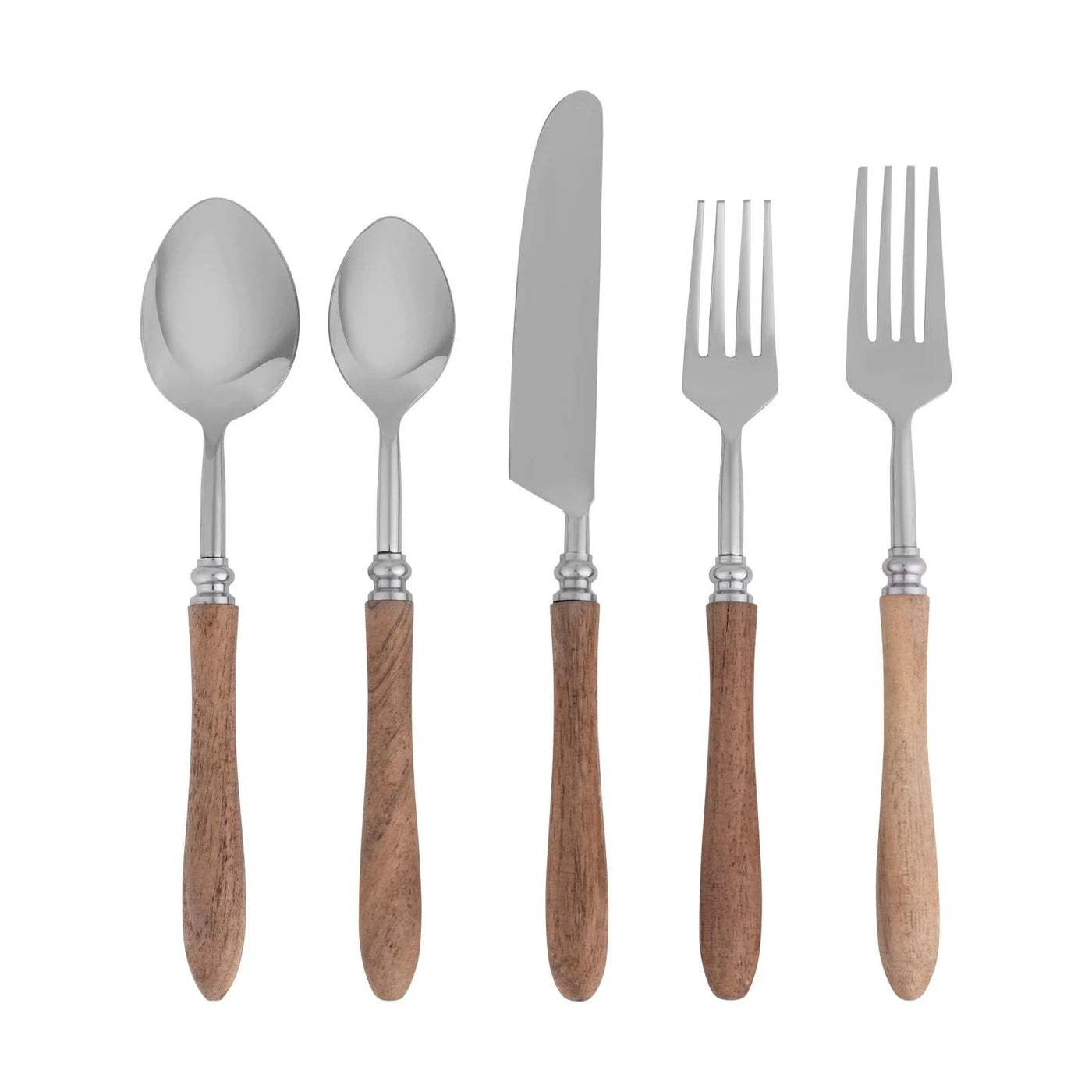 5 Pc Flatware Set Silver with Wooden Handles