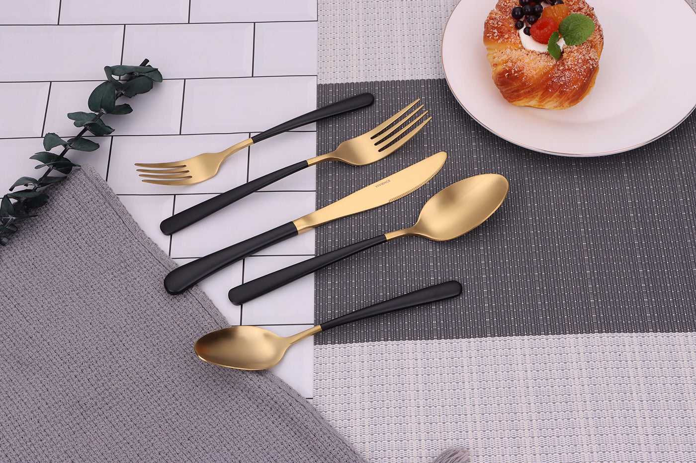 Coloblock 20 Pc Flatware Set Matte Gold with Black Handles, Service for 4