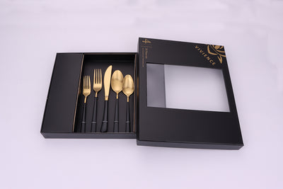 Coloblock 20 Pc Flatware Set Matte Gold with Black Handles, Service for 4