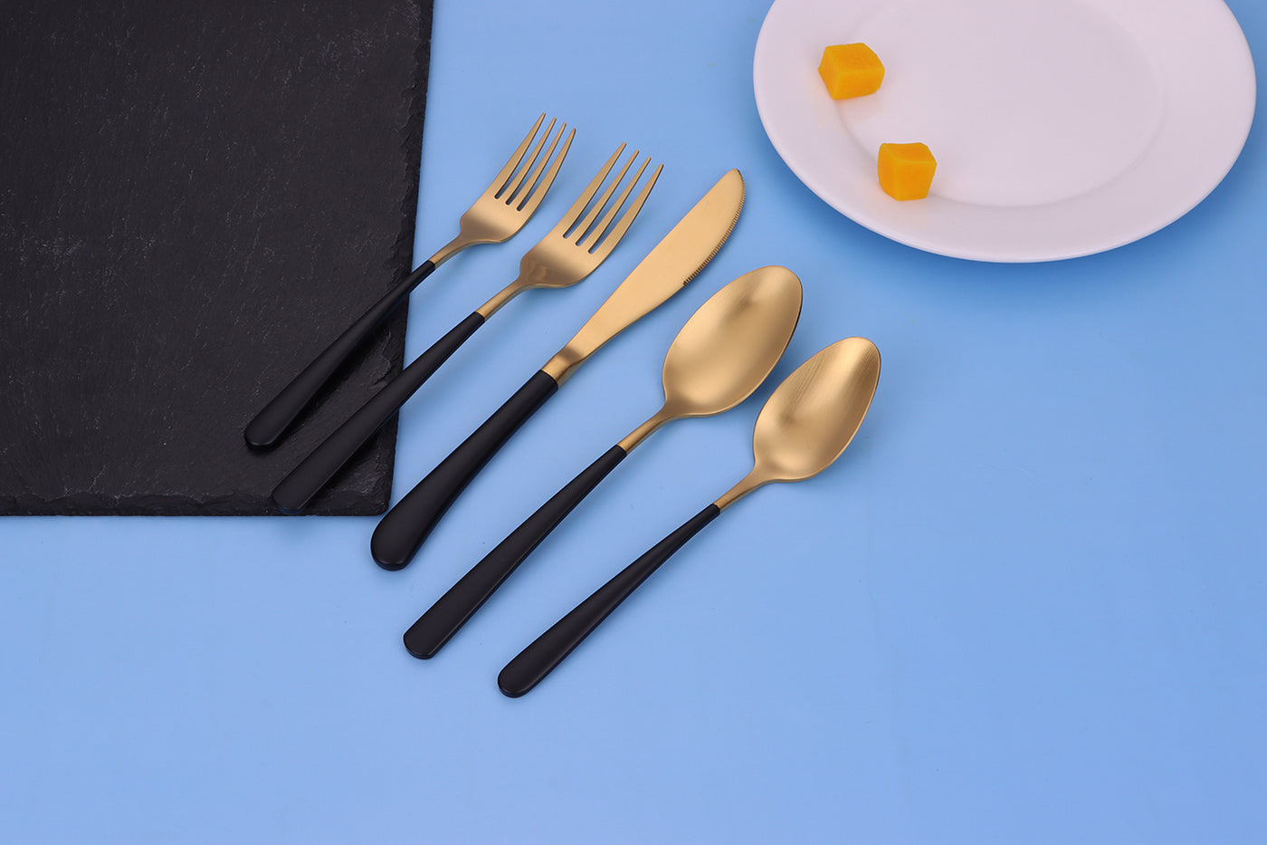 Coloblock 20 Pc Flatware Set Matte Gold with Black Handles, Service for 4