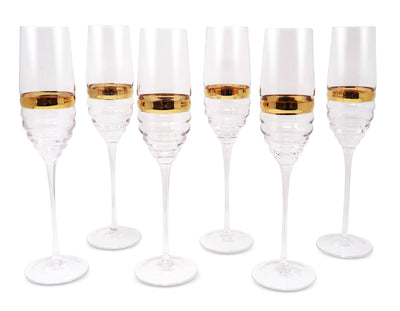 Set of 6 Glasses with Linear Design and Gold Stripe