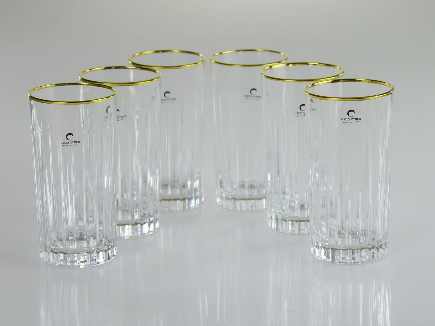 Liscio Ottico - Set of 6 Highball Glasses with Linear Design and Gold Rim