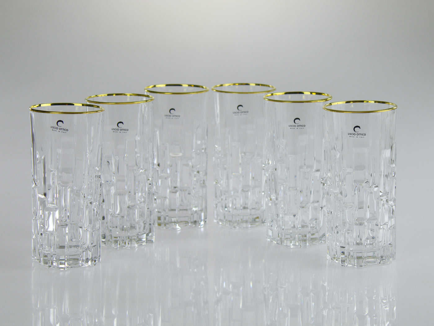 Liscio Ottico - Set of 6 Highball Glasses with Block Design and Gold Rim