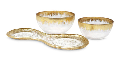 2 Bowl Relish Dish on Tray with Gold Design