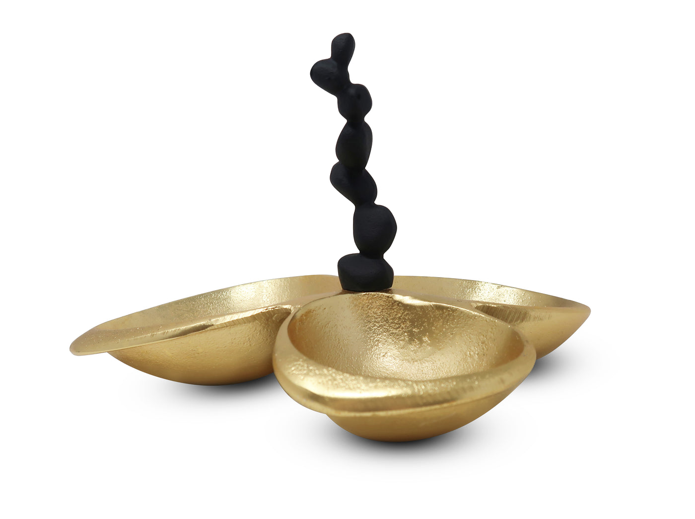 Gold 3 Bowl Relish Dish with Black Handle and Pebble Design