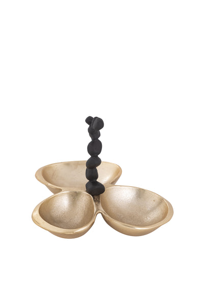 Gold 3 Bowl Relish Dish with Black Handle and Pebble Design