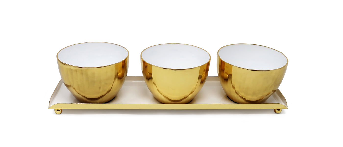 Gold and White 3 Bowl Relish Dish