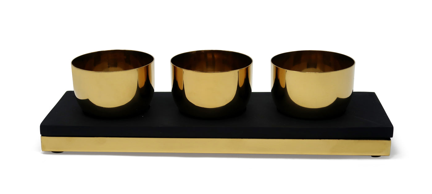 Gold 3 Bowl Relish Dish with Black Tray